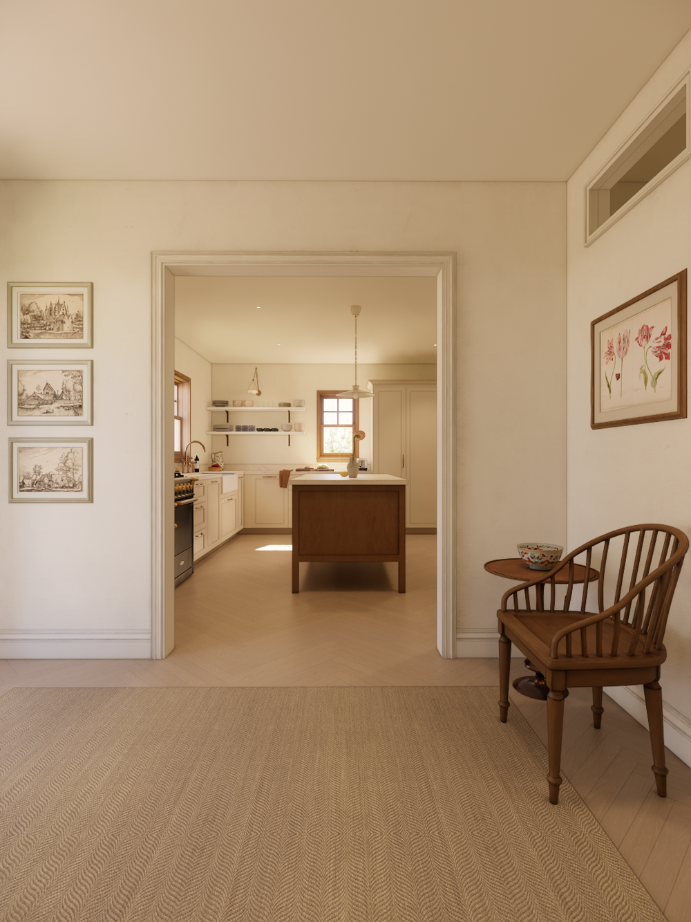 A cozy wooden chair placed in a sunlit corner facing a window, creating an inviting mudroom