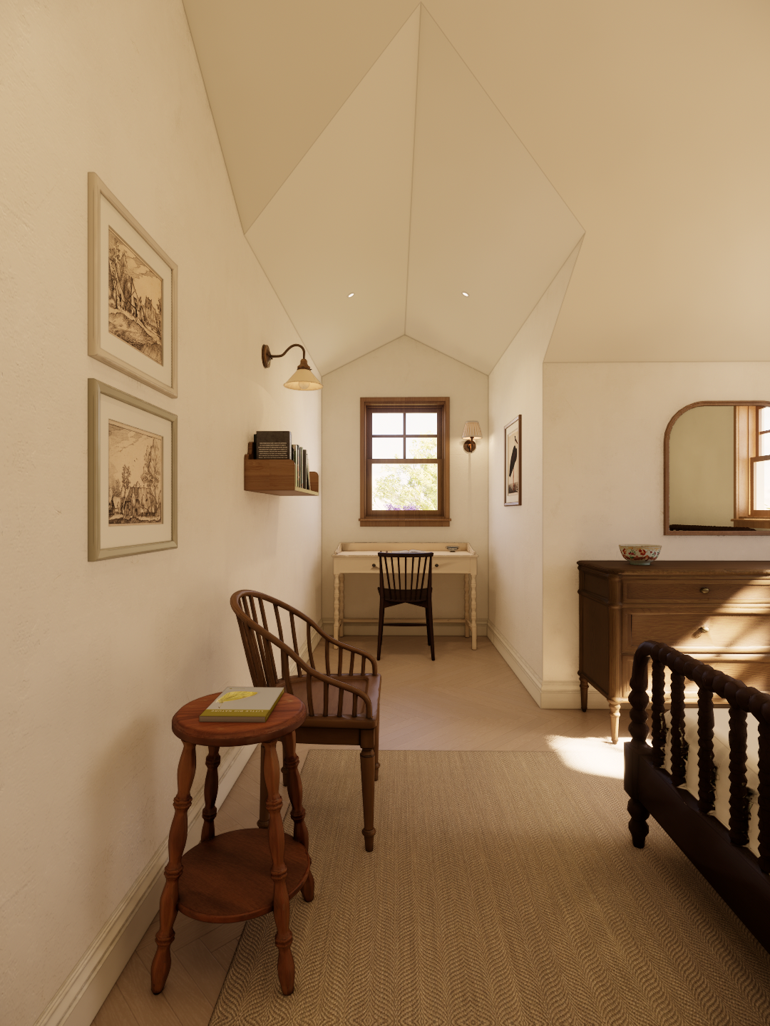 Sunlit cozy room with a striped armchair, wooden desk, and curated framed artwork on beige walls